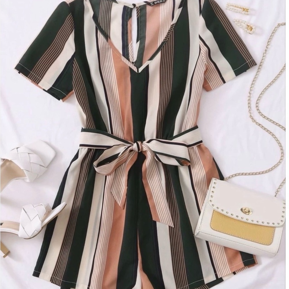 SHEIN Multicolor Striped V-Neck Romper